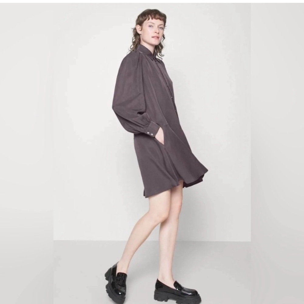 SAMSOE SAMSOE Lizzy Shirt Dress in Grey Long Puff Sleeve Drop Waist SzSmall